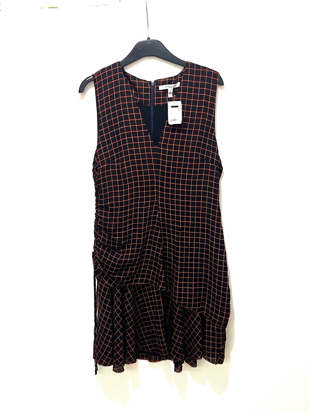 Sleeveless Black Silk Mini Dress with Orange-Red Grid Print by Derek Lam